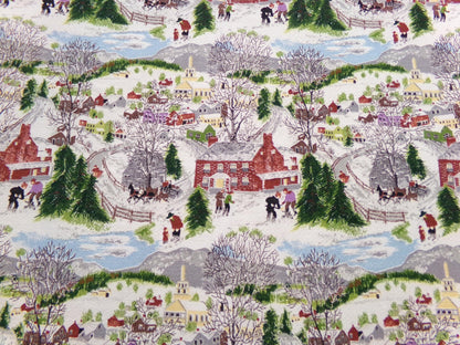 Grandma Moses DEEP SNOW Vintage Barkcloth Fabric, Midcentury Folk Art Winter Scene, 13" x 21"