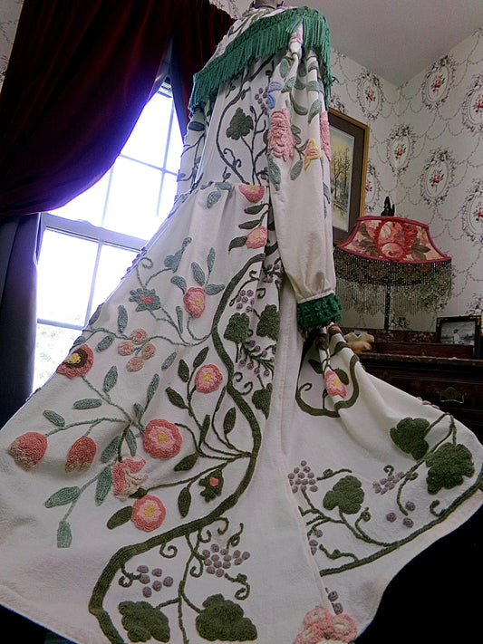 Shabby Distressed Vintage Chenille Robe, Victorian Style Costume Women's Bathrobe, M/L