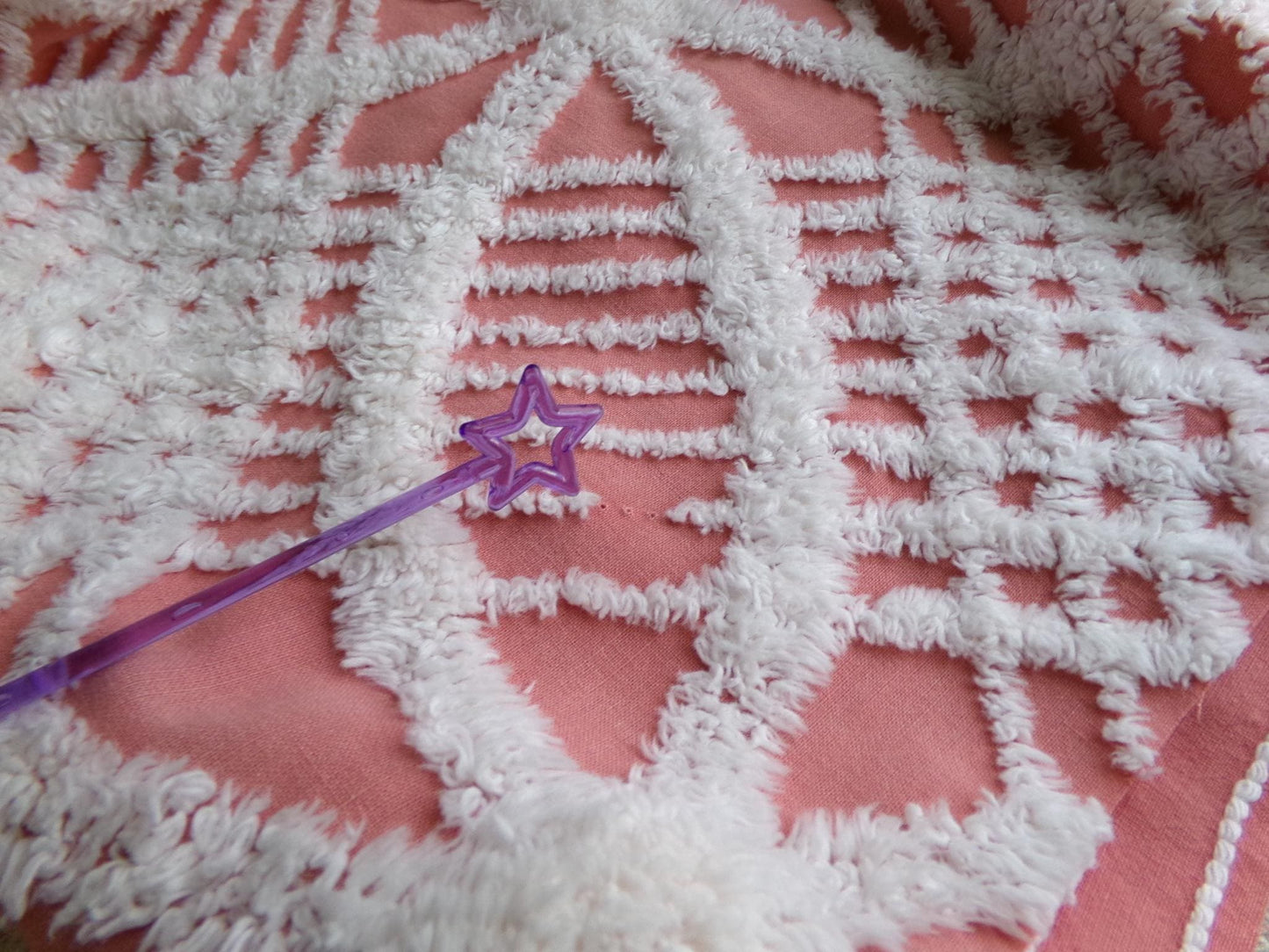 Warm Terracotta Rose Vintage Chenille Fabric, 29" x 27" Inch Piece, White Geometric Designs