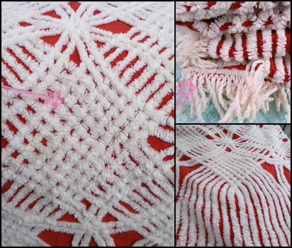 Red Vintage Chenille Bedspread Tufted White Full Size 100% Cotton Bedding, Fringe