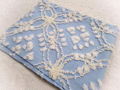 shabby coastal vintage chenille fabric, 19" x 24" piece w/ snow white pops & links on sky blue cotton