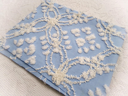 shabby beach chic vintage chenille fabric, 19" x 21" piece w/ snow white pops & links on sky blue cotton