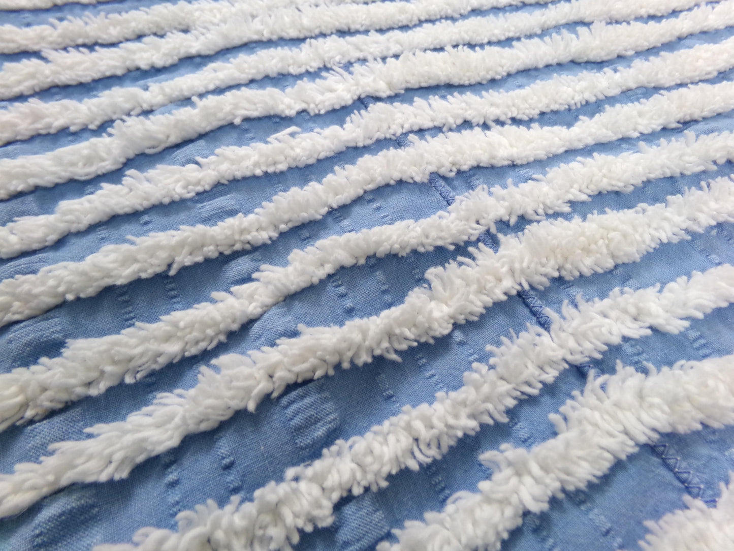 Trendy Coastal Blue & White Striped Vintage Chenille Fabric, Craft Quilt Material, 16" x 27" Piece