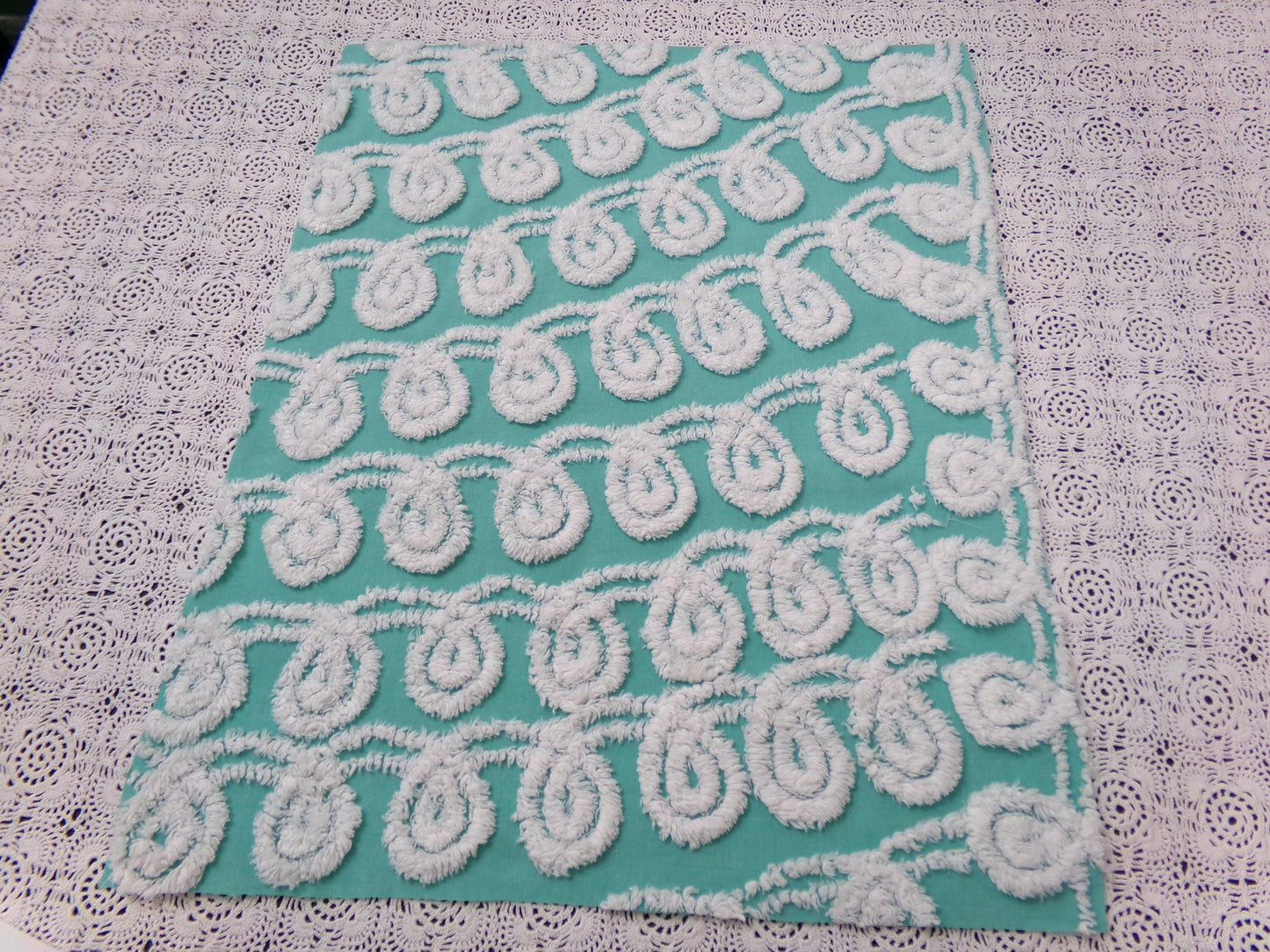 Soothing White Curly Loops Jade Vintage Chenille Bedspread Fabric 15" x 19" Piece