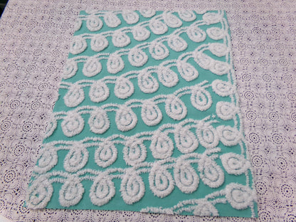 Soothing White Curly Loops Jade Vintage Chenille Bedspread Fabric 15" x 19" Piece