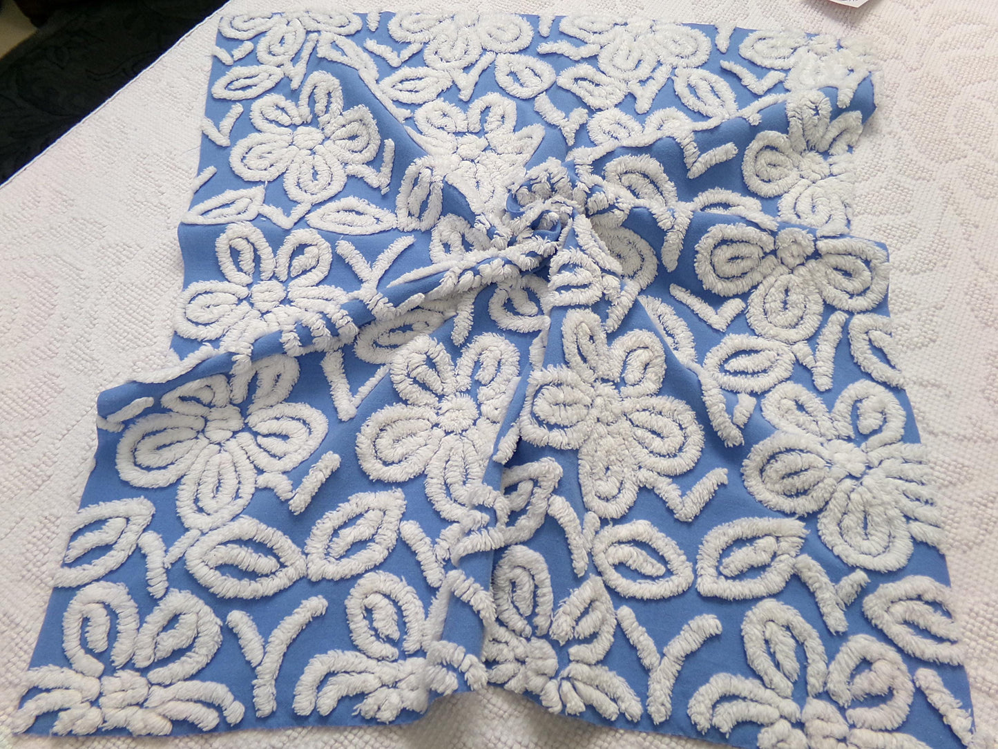 Daisy Dance Vintage Chenille Bedspread Fabric, Blue & White Floral Quilt Material 20" x 23" Piece