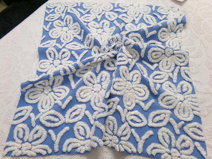 Daisy Dance Vintage Chenille Bedspread Fabric, Blue & White Floral Quilt Material 20" x 23" Piece