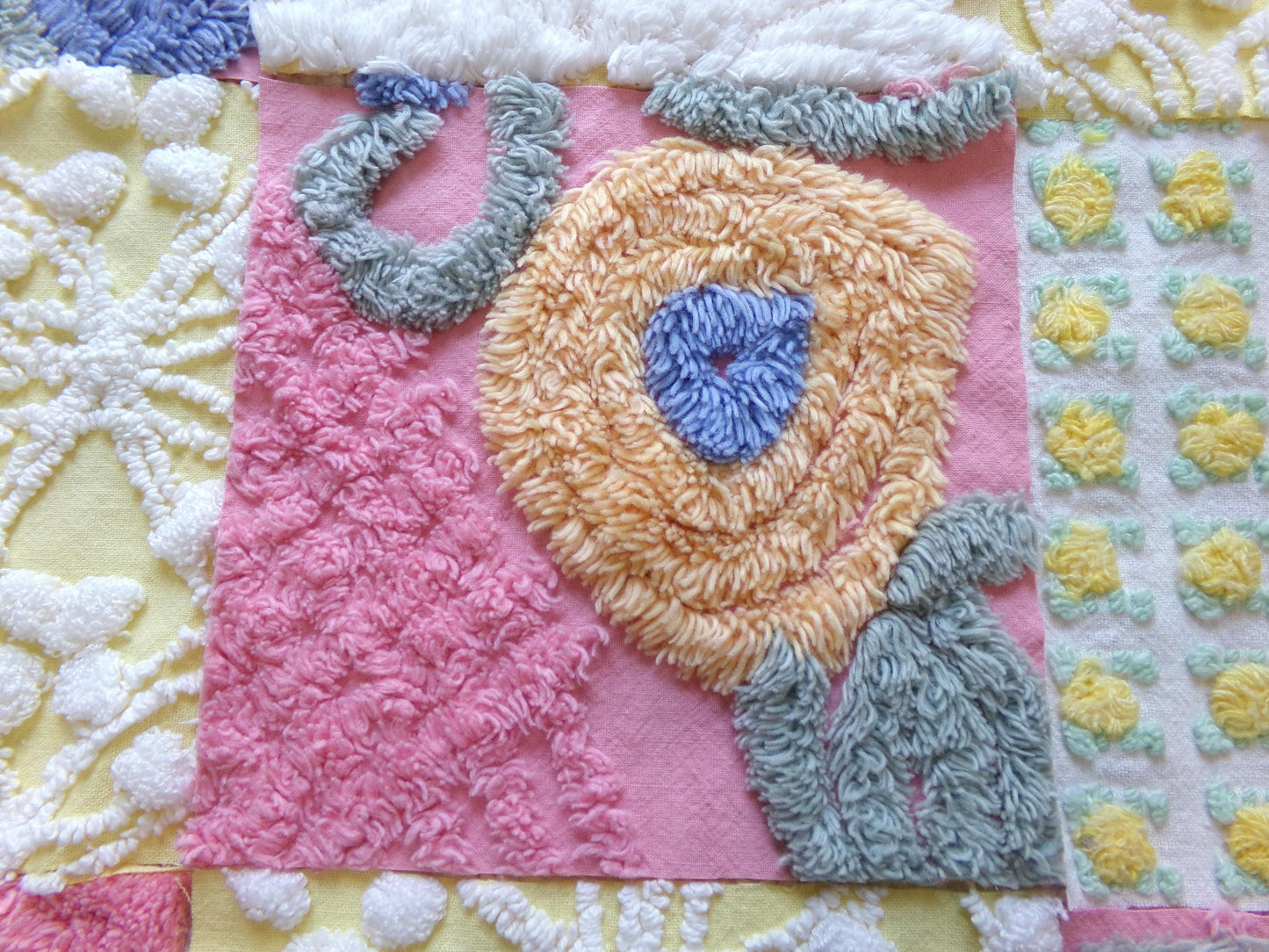 vintage chenille fabric squares, "buttercup baby" set of 16 floral 6" quilt blocks in colorful pink & yellow, for quilting, crafts, sewing