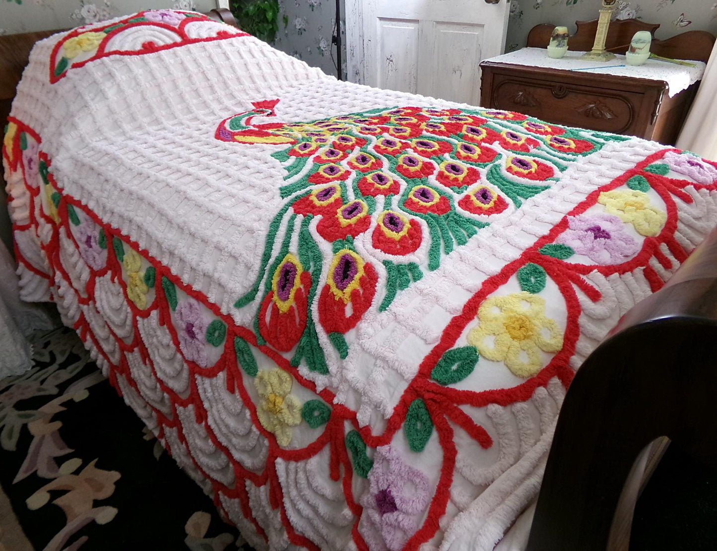 Sprawling Peacock Vintage Chenille Bedspread, Boho Red Green & White Cotton Full Size