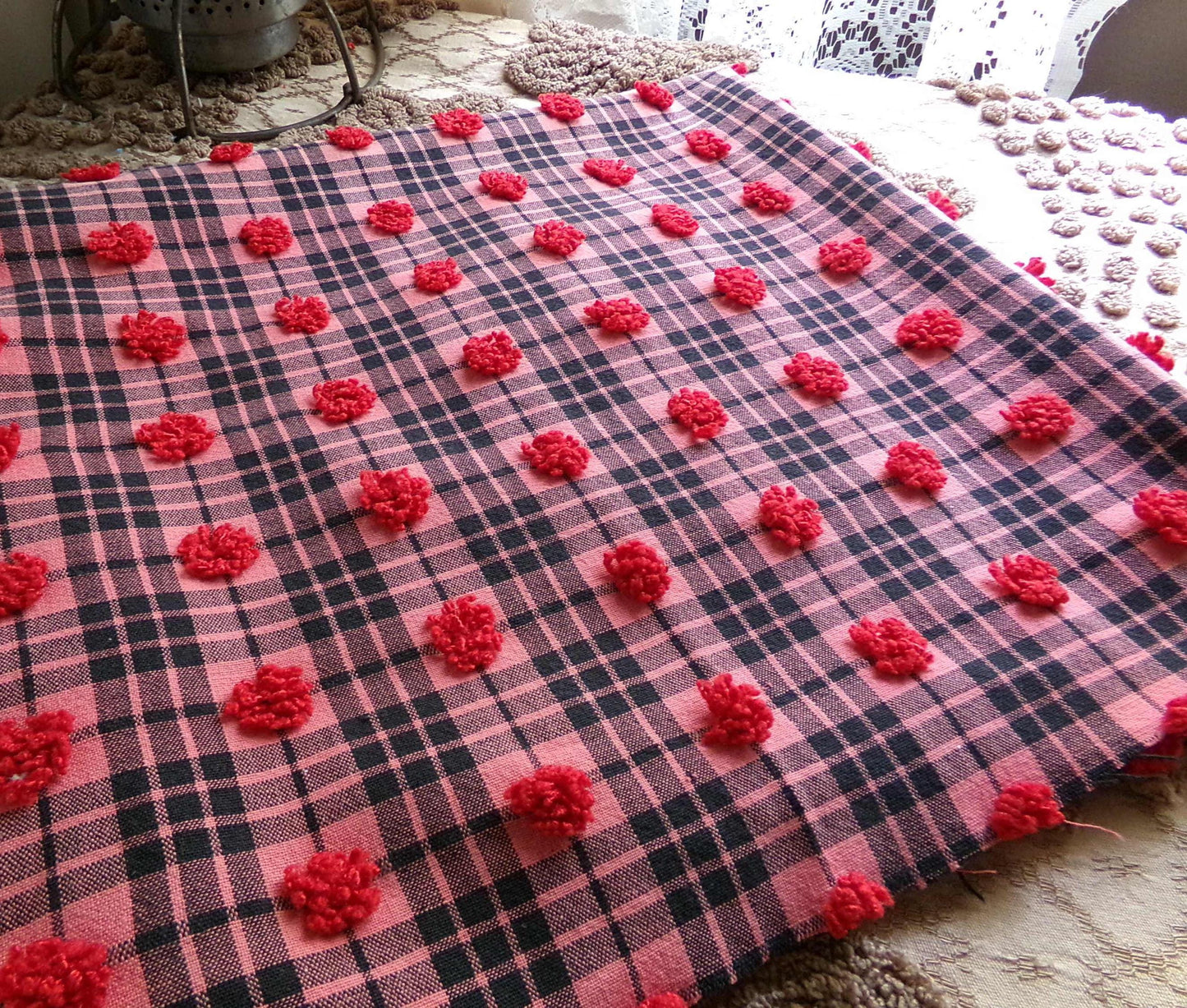 Black Tartan Plaid Vintage Chenille Bedspread Fabric, Texturized Red Dots, 19" x 26" inch Piece, Lightweight Sewing Material
