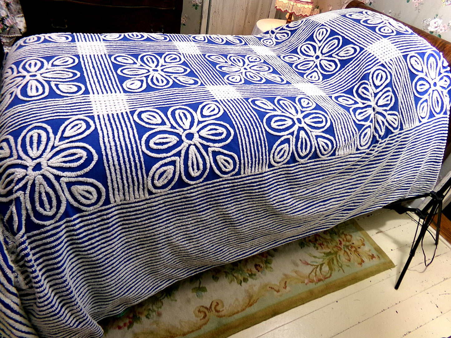 Vintage Mod Chenille Bedspread: Flower Power Bold Blue & White Shabby Cotton Full Size Bedding