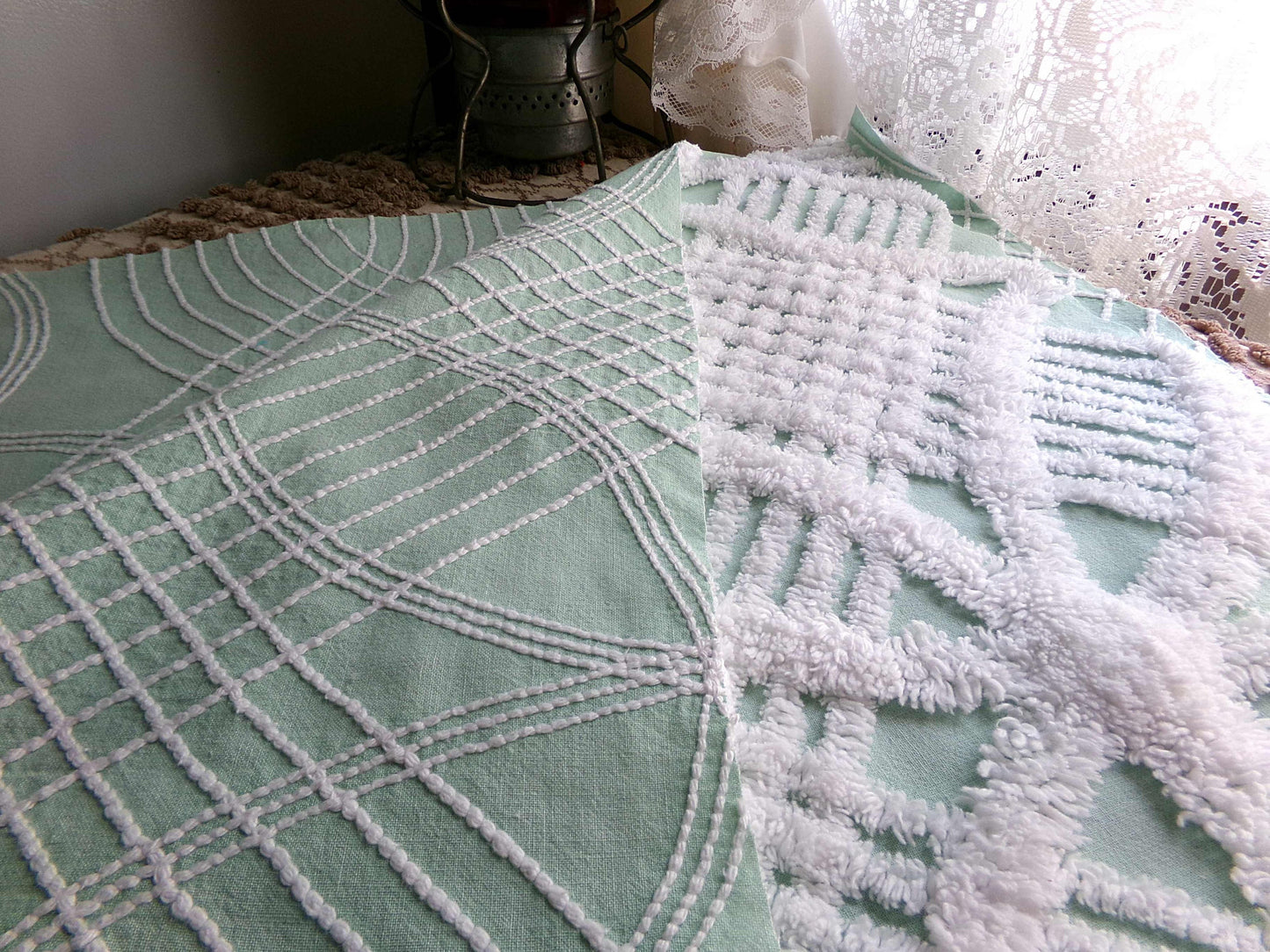 Mint Green Vintage Chenille Quilt Fabric, 21" x 30" inch Piece, White Geometric Wedding Ring Pattern