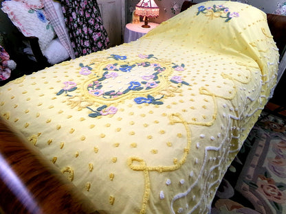 Sunny Floral Vintage Chenille Bedspread, Cotton Summer Coverlet, Twin Sz Bedding