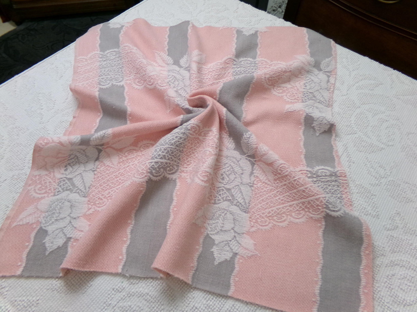 Lacy Rose Vintage Woven Fabric Piece Pink & Grey Stripes Shabby Chic Sewing Material 24x23"