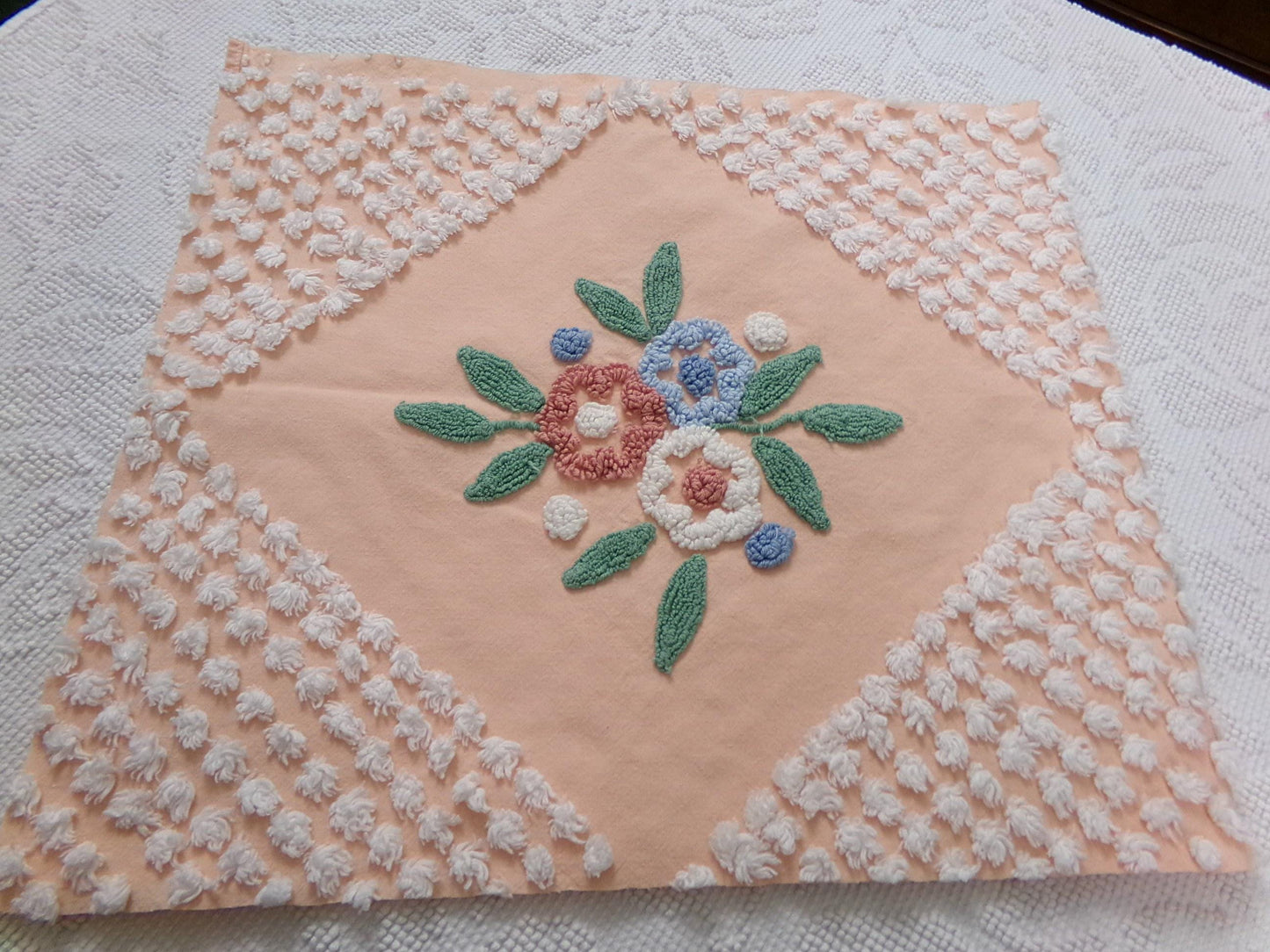 Peach Wildflower Vintage Chenille Bedspread Fabric, 15" x 33" Piece Sewing & Quilt Material