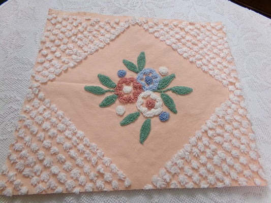 Peach Wildflower Vintage Chenille Bedspread Fabric, 15" x 33" Piece Sewing & Quilt Material