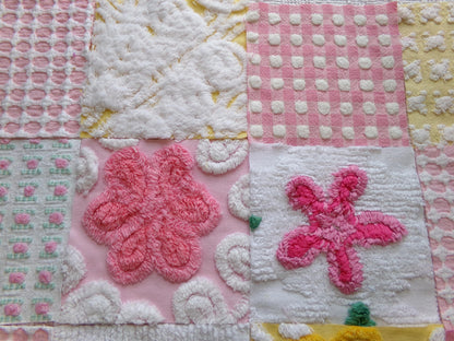 vintage chenille fabric squares, "spring sunrise" set of 16 floral 6" quilt blocks in yellow, pink & white