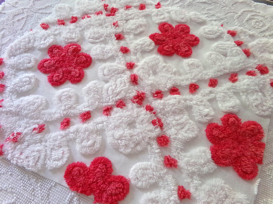 Roses in Snow Vintage Chenille Fabric, Red & White Plush Swirl 18" x 21" Inch Piece
