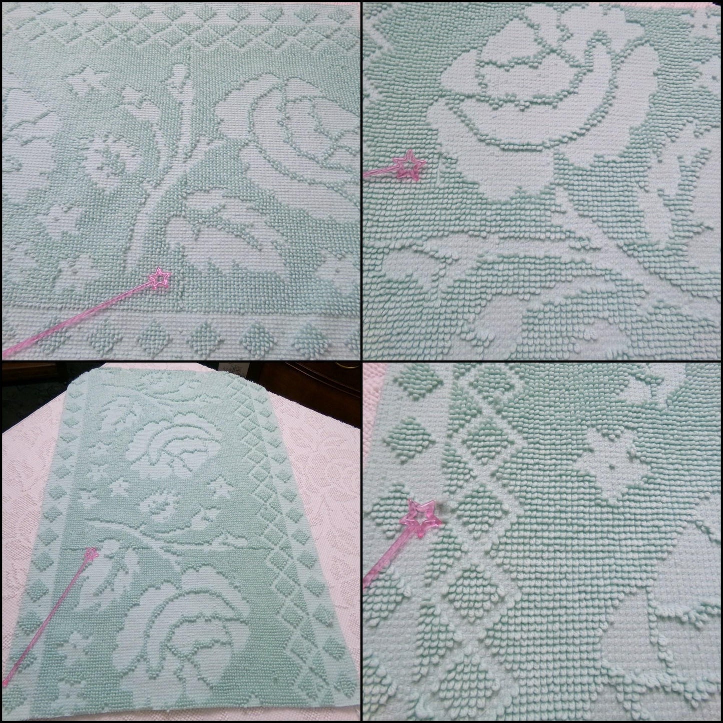 Vintage Hobnail Chenille Fabric Reversible Rose Aqua Ghost Shadow Shabby Mood 17"x27"