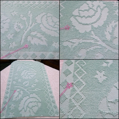 Vintage Hobnail Chenille Fabric Reversible Rose Aqua Ghost Shadow Shabby Mood 17"x27"