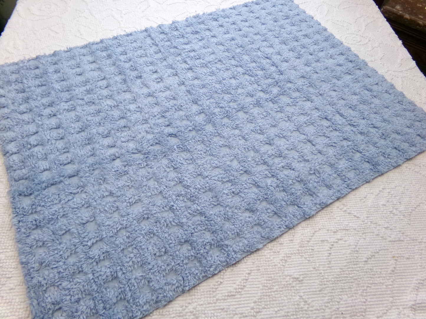 Blue Windowpane Vintage Chenille Fabric, tufted geometric square design, sewing craft quilt material, 18" x 25" piece