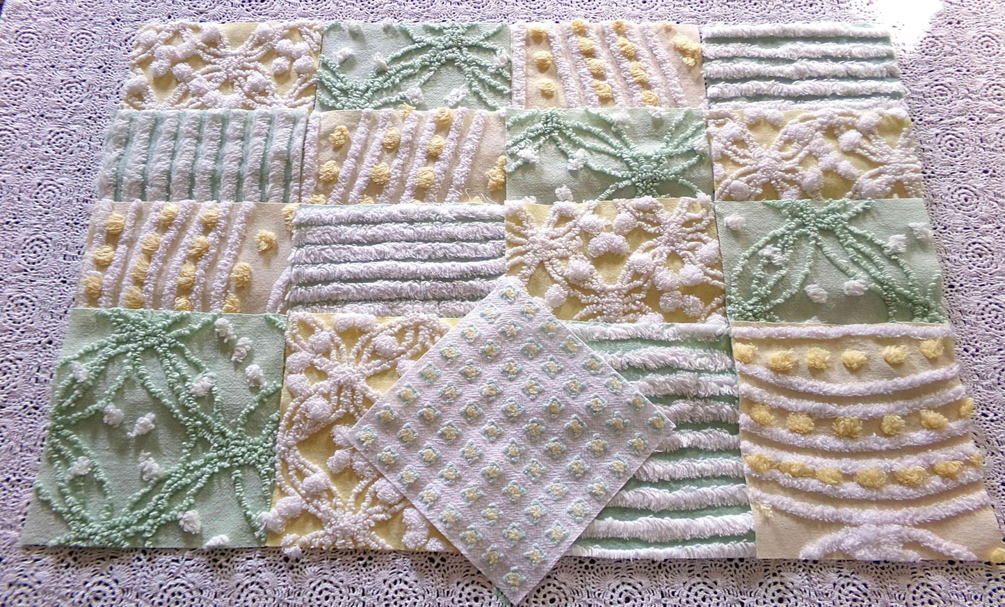 Fern & Flora Vintage Chenille Fabric Squares Set of 17 Blocks, 6" inch ea, Cheery Stripes, Dots Geometric Designs