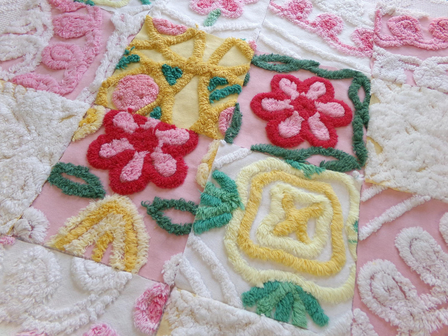 summer fresh vintage chenille fabric squares, set of 16 whimsy floral 6" quilt blocks for crafts, sewing, diy pillow covers