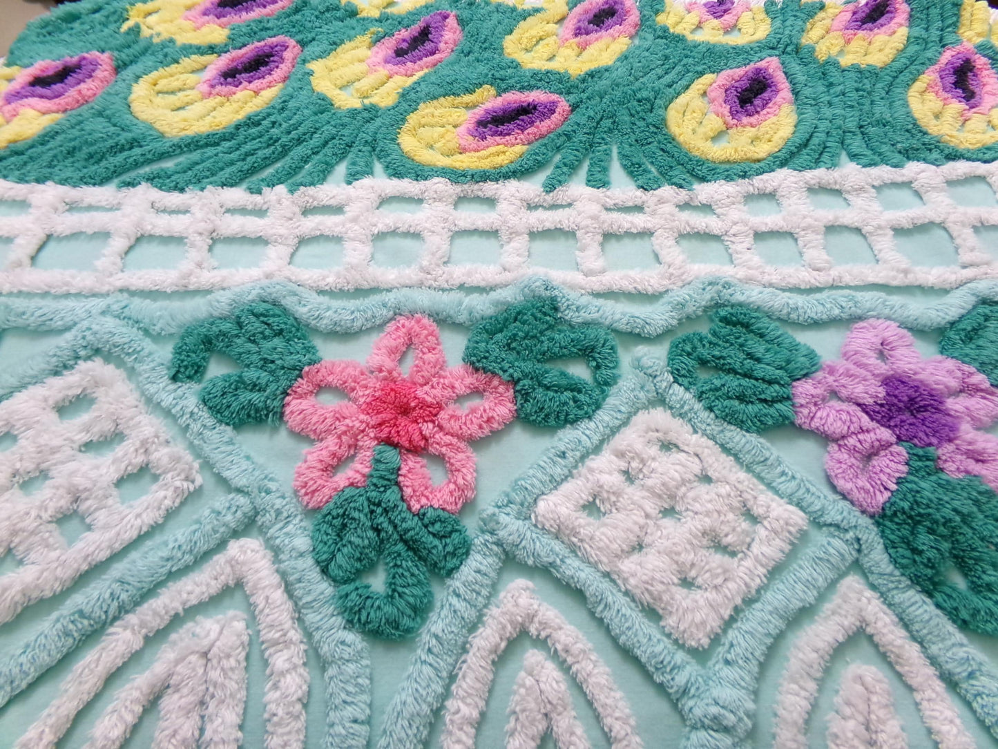 vintage seafoam chenille bedspread fabric, plush peacock feathers & tropical florals, 19" x 26" piece