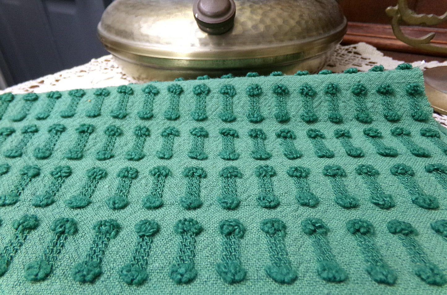 Vintage Green Chenille Fabric Textured Evergreen Cotton Quilting Crafts Upcycle Boho 18" x 24"