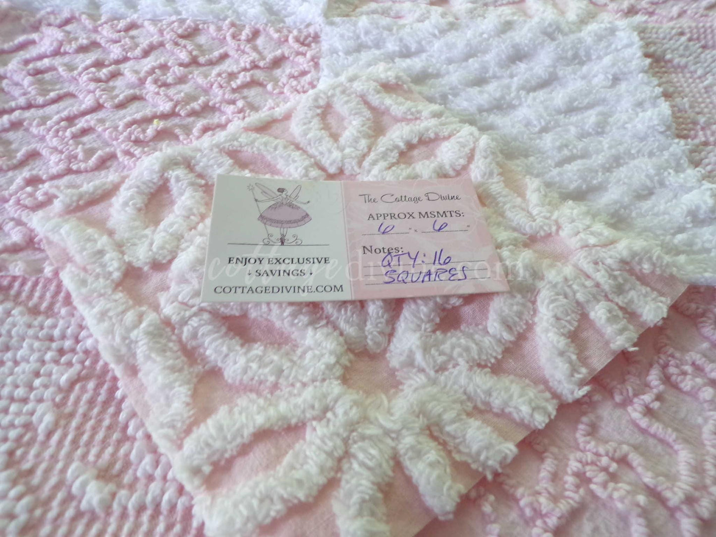 lovely pink & white vintage chenille fabric squares, set of 16 pretty 6" quilt blocks for sewing, crafts, patchwork pillows, quilting