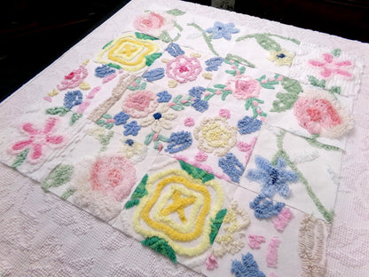 Vintage Chenille Fabric Squares Set of 16 Summer Wildflowers Floral Coordinating Quilt Blocks 6x6"