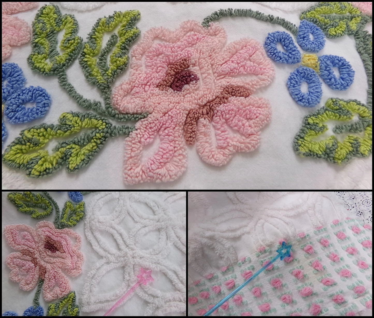 Vintage Floral Quilt Handmade from Shabby Chenille Bedspread Fabrics 52x45.5"