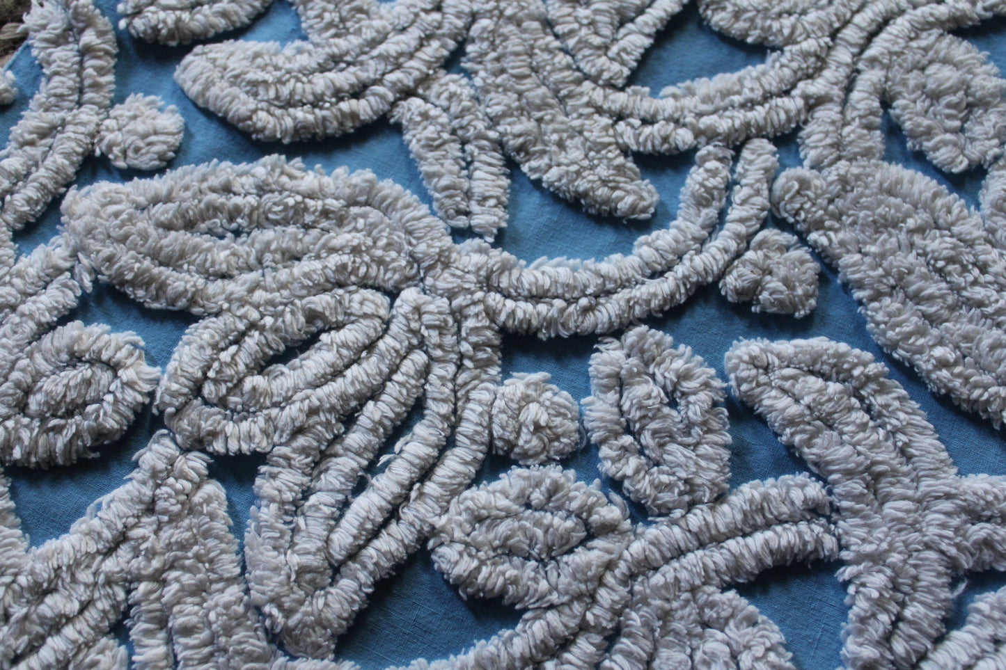 Plush Tufted Tulips Vintage Chenille Fabric, Sky Blue & White, 20" x 31" Inch Piece, Beautiful in Quilts, Pillows