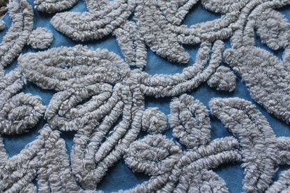 Plush Tufted Tulips Vintage Chenille Fabric, Sky Blue & White, 20" x 31" Inch Piece, Beautiful in Quilts, Pillows