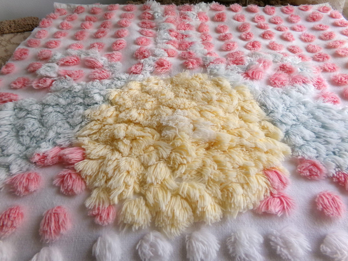 Pink Pops Vintage Chenille Fabric, Floral Antique 15x28" Craft Panel