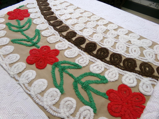 chocolate cherry vintage chenille fabric, delicious arc floral design, 18" x 28" piece