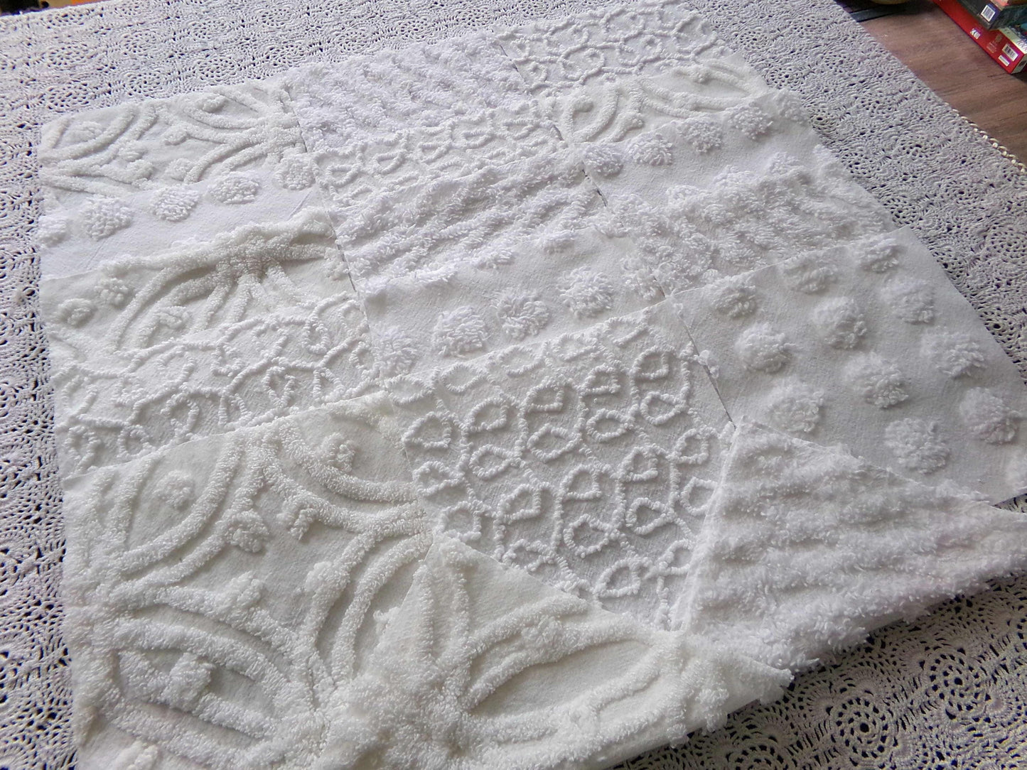 Weathered Whites Vintage Chenille Fabric Squares, 17 Blocks, 6" x 6" inch, Neutral Shades of Classic White