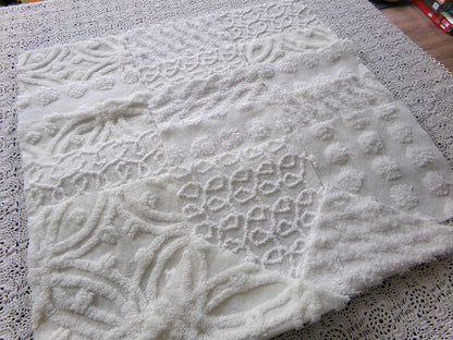 Weathered Whites Vintage Chenille Fabric Squares, 17 Blocks, 6" x 6" inch, Neutral Shades of Classic White