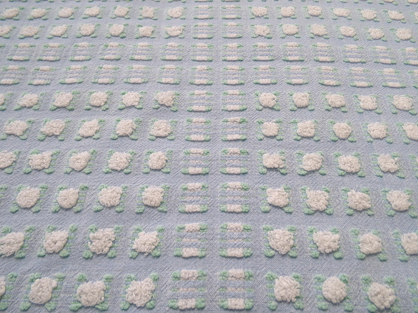 White Rosebud Vintage Blue Chenille Fabric, Shabby Phantom Rose Morgan Jones, 19x26"