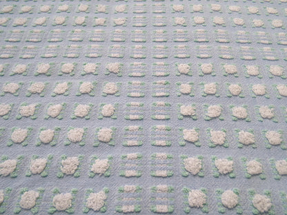 White Rosebud Vintage Blue Chenille Fabric, Shabby Phantom Rose Morgan Jones, 19x26"