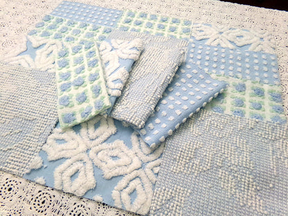 sea breeze vintage chenille fabric squares, set of 16 blue white quilt blocks 6" ea
