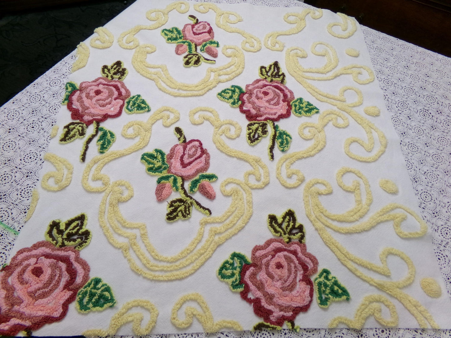 Cottage Pink Rose Vintage Chenille Fabric Shabby Scrollwork Sewing Quilt Material 27" x 24"