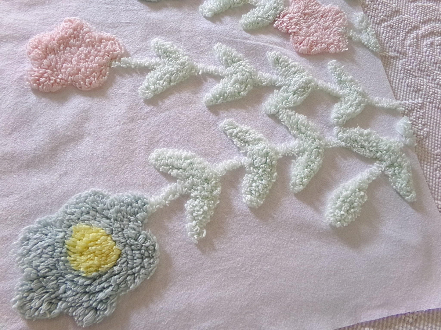 pastel floral tufted fabric, cut from a vintage style chenille bedspread, 20" x 23" piece