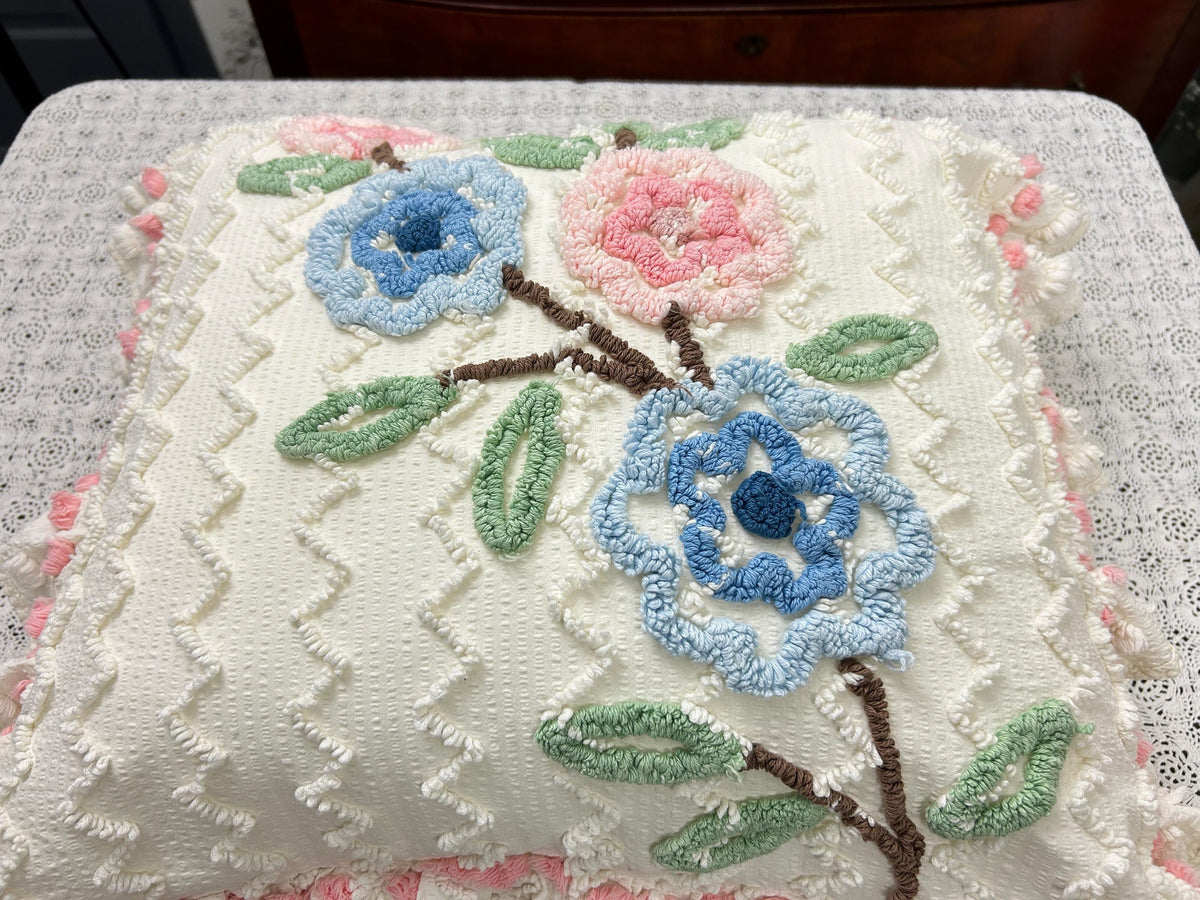 Floral Ruffled Vintage Chenille Pillow Cover 18" Square Seersucker