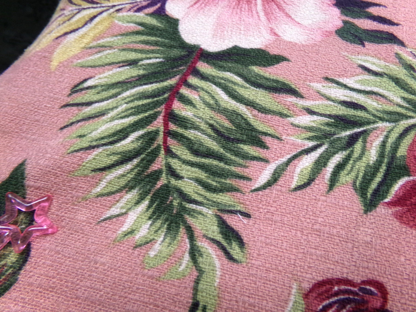 Vintage Barkcloth Fabric Mauve Tropical Hibiscus Floral Island Cottage Shabby 17x36"