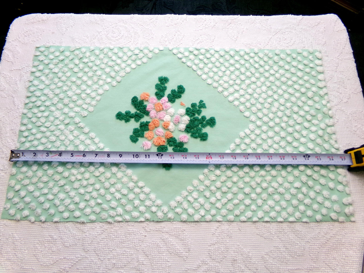 whimsy wildflower dot vintage chenille fabric: 15" x 26" jade green piece for pillows, quilts
