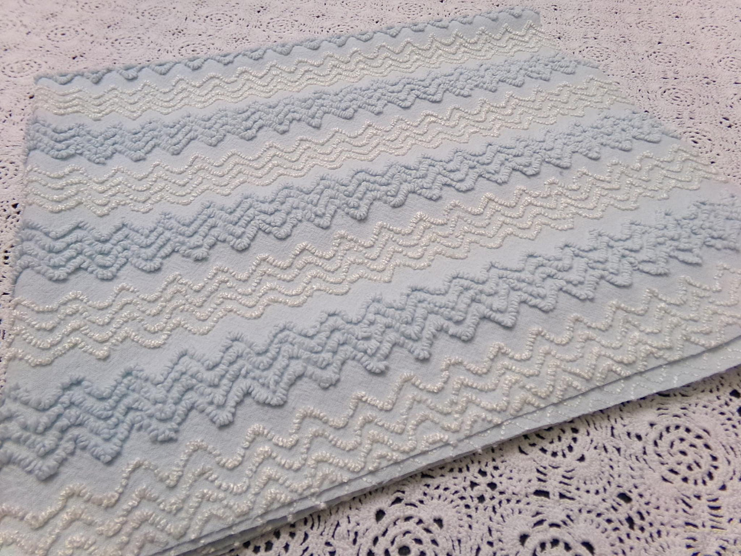 pastel blue & white vintage chenille fabric 23" x 20" gentle zig zag texture quilting material