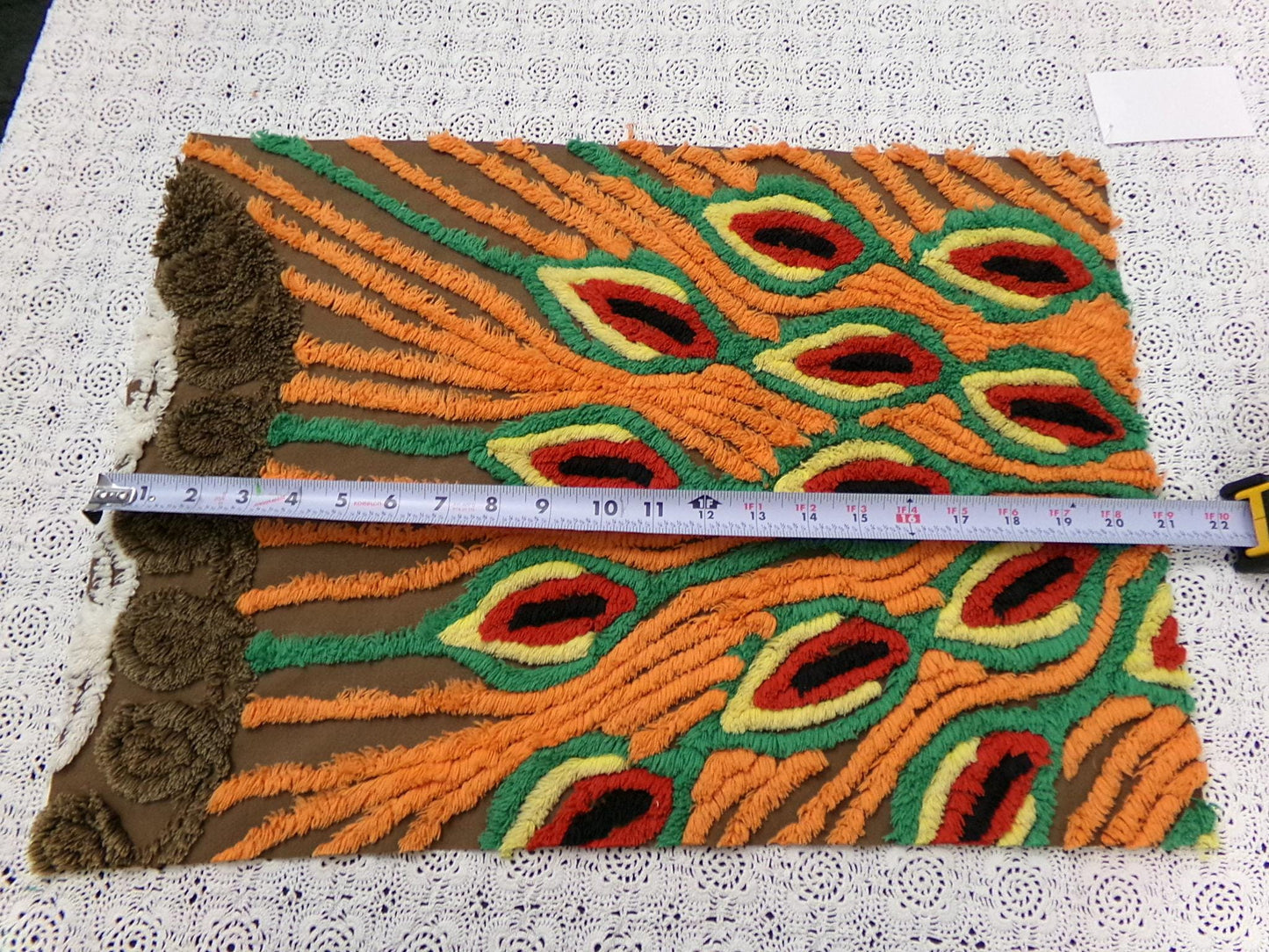 flame feathers vintage chenille bedspread fabric boho peacock plumes brown orange 14x20"