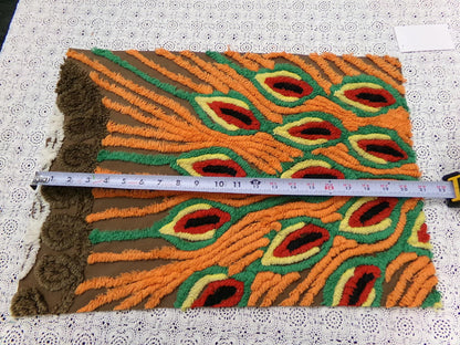 flame feathers vintage chenille bedspread fabric boho peacock plumes brown orange 14x20"