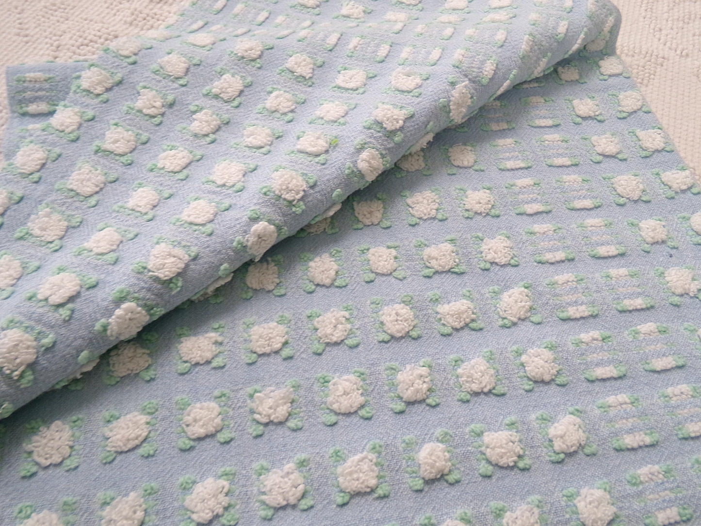 White Rosebud Vintage Blue Chenille Fabric, Shabby Phantom Rose Morgan Jones, 19x26"